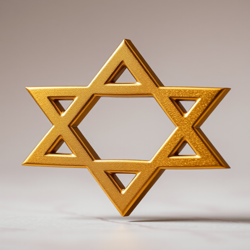 Create a detailed image of a three-dimensional golden Star of David with a smooth metallic texture, shot with a DSLR camera at f/8 aperture, ISO 100, 1/60s shutter speed, using a shallow depth of field to softly blur the background, displayed from a slightly elevated angle to emphasize its geometric shapes and depth.
