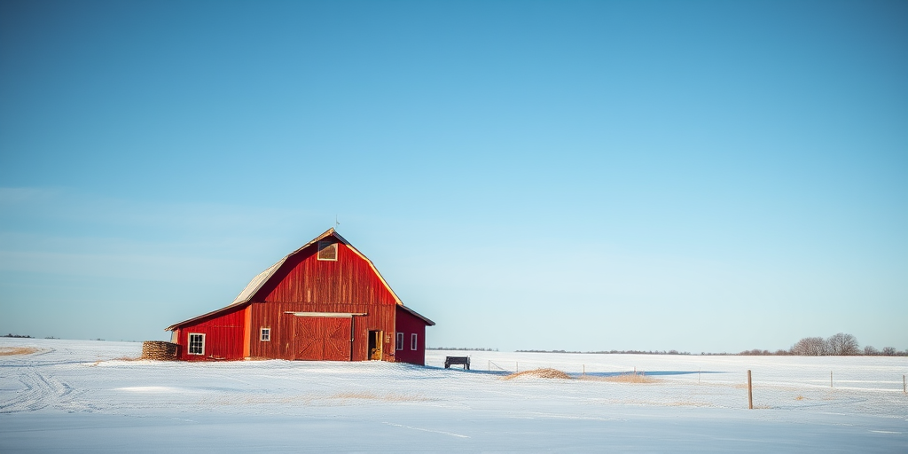 A rustic red barn in a snowy landscape under a clear blue sky, captured with a Canon EOS 5D Mark IV, 50mm lens, f/8 aperture, ISO 100, and a wide-angle view to enhance depth and detail.