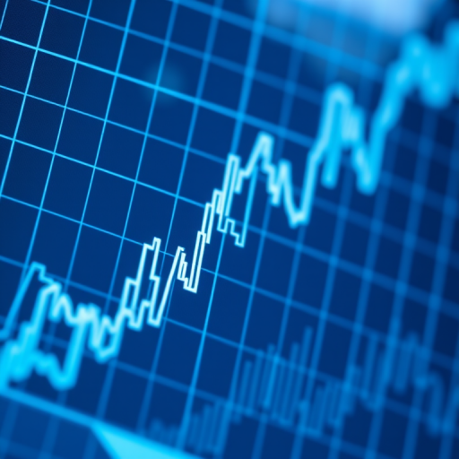 Create a high-resolution digital image of a financial trading graph with blue and white lines representing data trends, shot from a high angle using a DSLR camera at f/2.8 aperture, ISO 100, shutter speed 1/60s, with soft focus background and sharp foreground detail.