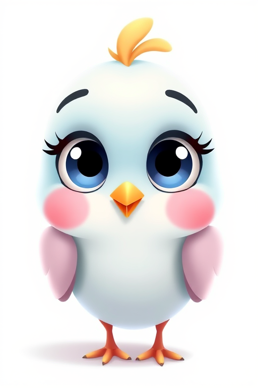 Create a cute cartoon bird character with a light blue body, large expressive eyes, pink cheeks, and a small orange beak, using a digital art style on a high-resolution canvas at 300 DPI, with a soft-focus lens effect and vibrant color saturation.