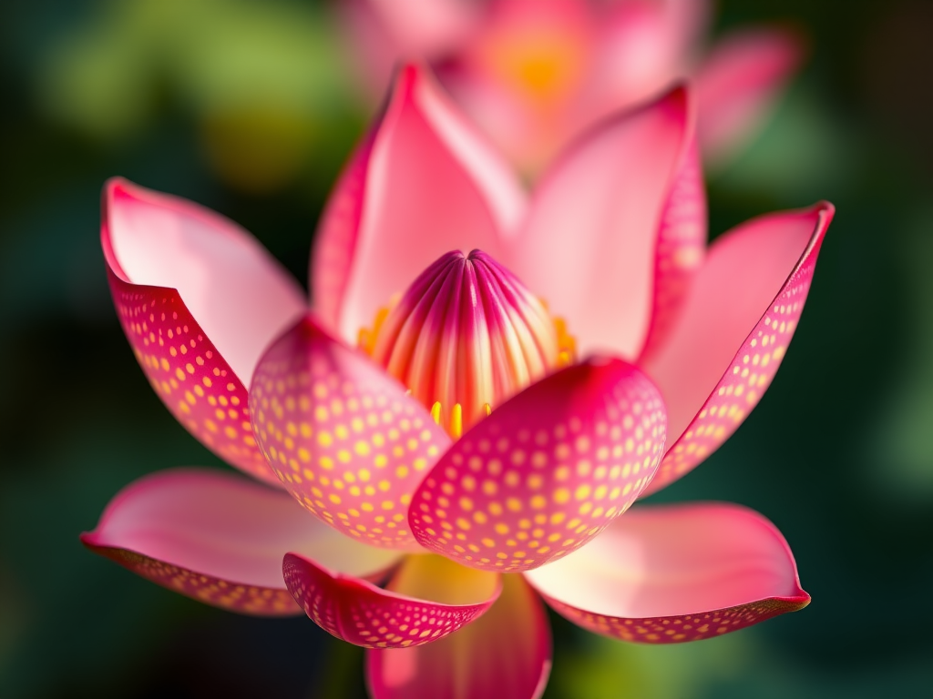 Create a vibrant, abstract lotus flower composed of colorful dots, captured with a DSLR camera at f/2.8, ISO 100, 50mm lens, in a close-up view with a bokeh effect to enhance color depth and clarity.