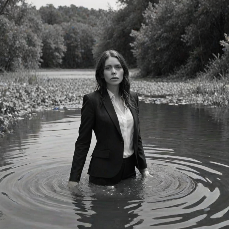 a woman in a black suit standing in shallow water with her hair down, surrounded by greenery, in a monochrome style