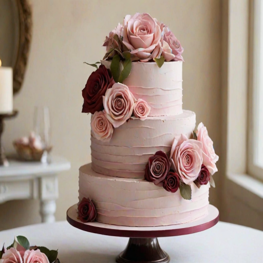 Create a three-tiered cake with a textured finish. The bottom layer should be a deep burgundy color, the middle layer a muted mauve, and the top layer a soft pink. Adorn the cake with realistic-looking sugar flowers, including deep red roses, soft pink roses, and a few greenery accents. The overall design should be elegant and sophisticated, suitable for a wedding or special occasion.