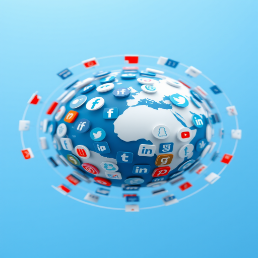 Create an image of a globe made of social media icons surrounded by orbiting rings, with a blue and white color scheme, shot in high resolution with a Canon EOS R5, 50mm lens, f/1.8 aperture, and 1/125 sec shutter speed, from a slightly elevated angle to capture a dynamic view.