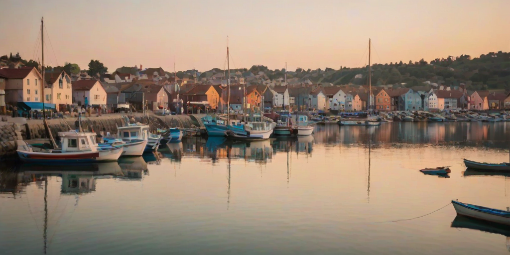 Soft-focus image of a charming fishing village at sunset, with colorful boats docked in the harbor and soft light reflecting off the water, creating a peaceful ambiance.