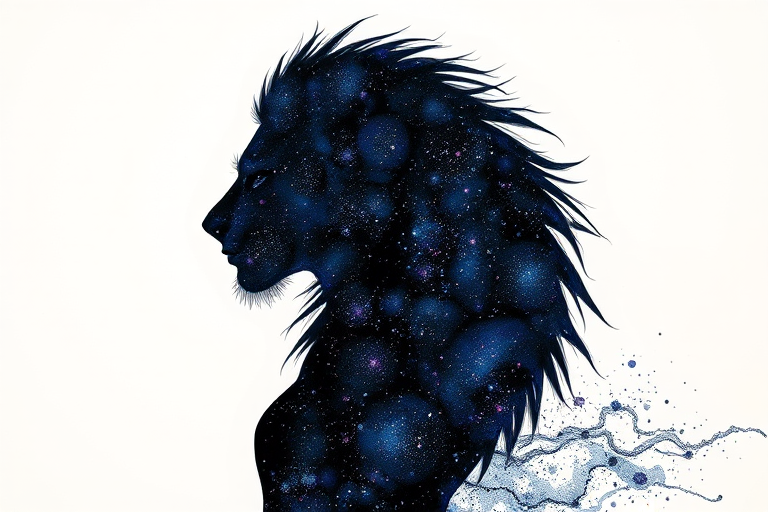 Captivating conceptual render alcohol ink art, double exposure, the paint strokes artfully merge combining a woman's full silhouette with a Xenial xenops's silhouette. The figures are composed of a series of colored dots, lines & spots that evoke the image of a cosmic galaxy, colors are deep shades of blue purple & black with flashes of white & silver representing distant stars. The woman's silhouette is formed within the lion's silhouette from constellations of scattered stars, surreal