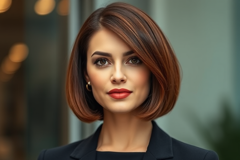 Sophisticated executive sporting a sleek, chin-length blunt cut bob in a rich mahogany hue with subtle cinnamon highlights