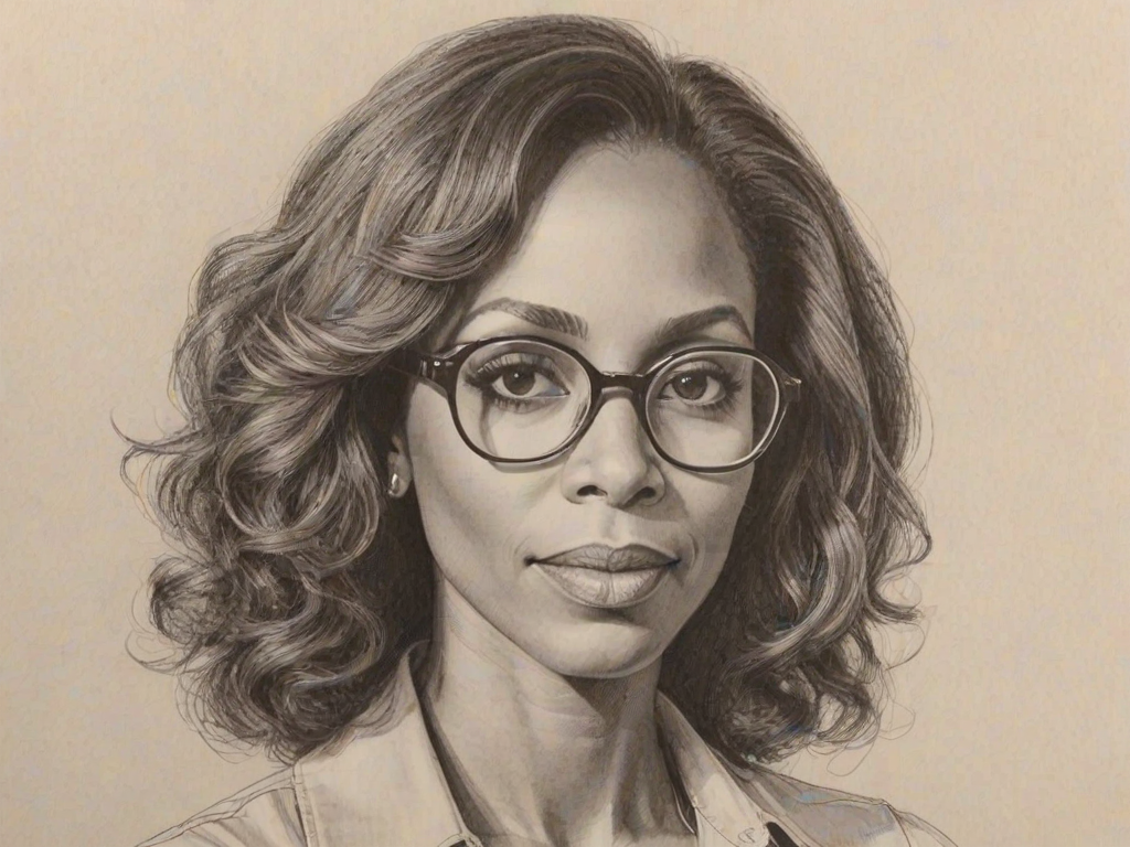 Comely Holly Robinson Peete, pencil sketch, portrait of Radiant woman 1974s in glasses, hair style beatnik, outline, clear lines, fine lines, 8k