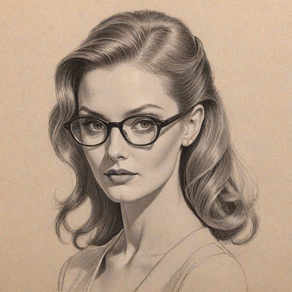 Gorgeous Lydia Hearst, pencil sketch, portrait of Beauteous woman 1950s in glasses, hair style beatnik, outline, clear lines, fine lines, 8k