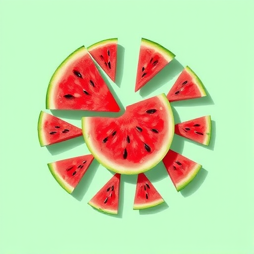Create a vibrant summer-themed illustration featuring stylized watermelon slices on a light green background with the word "August" prominently displayed, using a DSLR camera with a bright aperture of f/2.8, ISO 100, a 50mm lens, and a top-down view to enhance the colors and details.