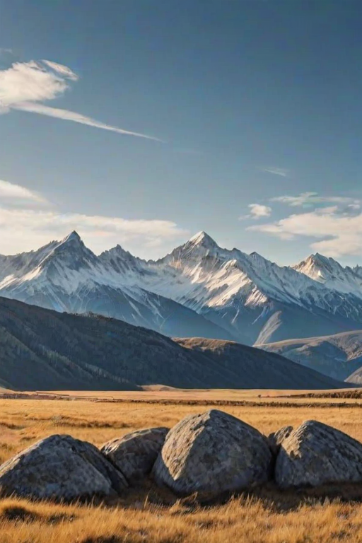generate a landscape image of rugged mountains with snow-capped peaks under a clear blue sky and a foreground of golden grassland