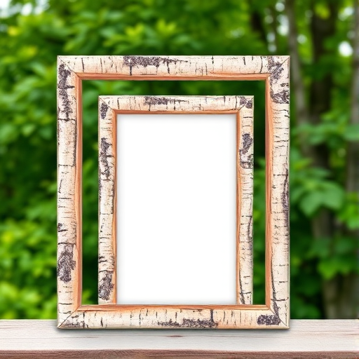 Create an image of three blank picture frames with a birch bark texture, arranged in a staggered formation against a lush, green nature background, using a high-resolution DSLR camera with a 50mm lens, aperture set at f/2.8 for shallow depth of field, ISO 100, shot in natural lighting for enhanced colors and details.