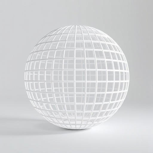 Create a high-resolution 3D render of a white hollow sphere with a grid pattern, using a Canon EOS 5D Mark IV camera with a 50mm lens, aperture set to f/8, ISO 100, and a soft diffused light source from the left to enhance shadows and details.