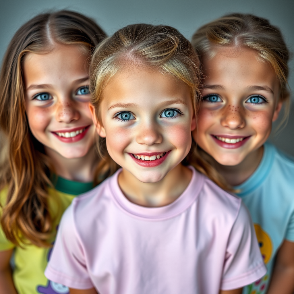 Three smiling young girls with freckled skin and blue eyes, wearing colorful t-shirts, front view, natural studio lighting, aperture f/2.8, shutter speed 1/125s, ISO 200, DSLR camera, 85mm lens.