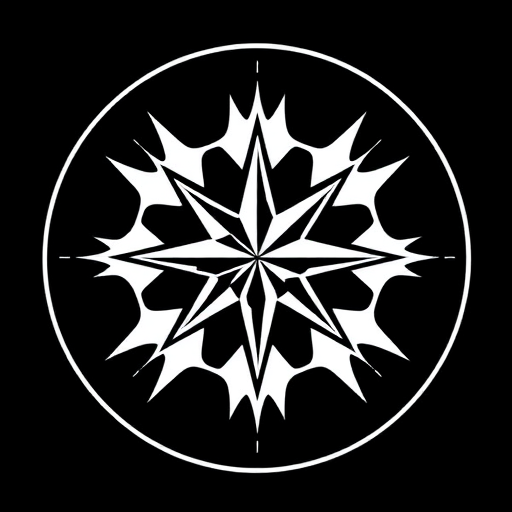 Generate a high-resolution abstract design of five stylized compass rose shapes arranged dynamically on a black background, captured with a DSLR camera at f/8 aperture, ISO 100, 50mm lens, shot from a top-down view for enhanced depth and clarity.