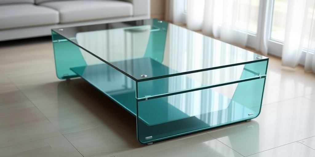 generate a high-resolution image of a modern glass coffee table with a sleek design, using a DSLR camera, focal length of 50mm, aperture set to f/2.8, ISO 100, and a slight angle view to highlight the table's features