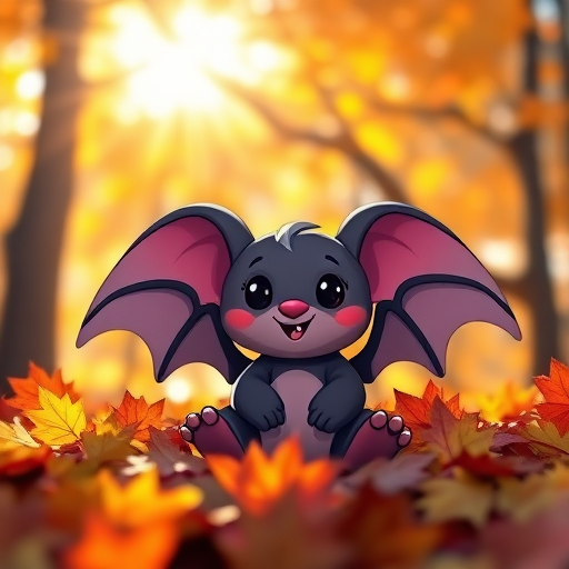 Create a whimsical animation of a cute cartoon bat sitting in colorful autumn leaves, capturing the warm sunlight filtering through the trees, with a shallow depth of field, 50mm lens, f/1.8 aperture, ISO 100, and soft lighting to enhance the vibrant colors and textures.
