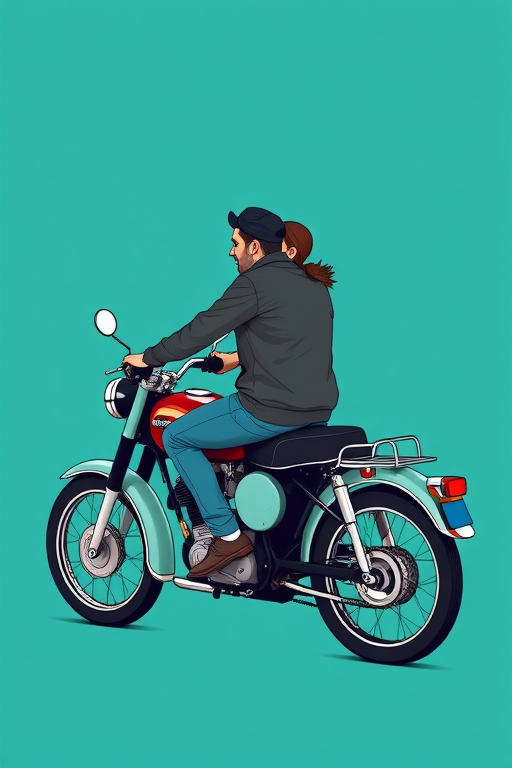 vector illustration of a couple riding a vintage motorcycle on a solid teal background, high contrast, sharp details, 50mm lens, f/8 aperture, ISO 100, natural light, side view, digital art style, smooth lines, vibrant colors