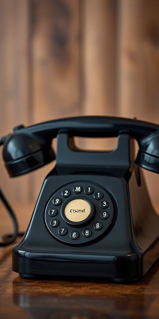 Create a high-resolution image of a vintage black rotary phone with a shiny finish, centered and well-lit, using a DSLR camera, 50mm lens, f/2.8 aperture, ISO 100, and a shallow depth of field to blur the background.