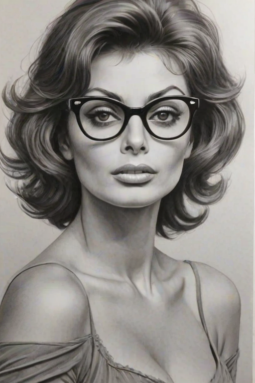 Bewitching Sophia Loren, pencil sketch, portrait of Appealing woman 1971s in glasses, hair style beatnik, outline, clear lines, fine lines, 8k