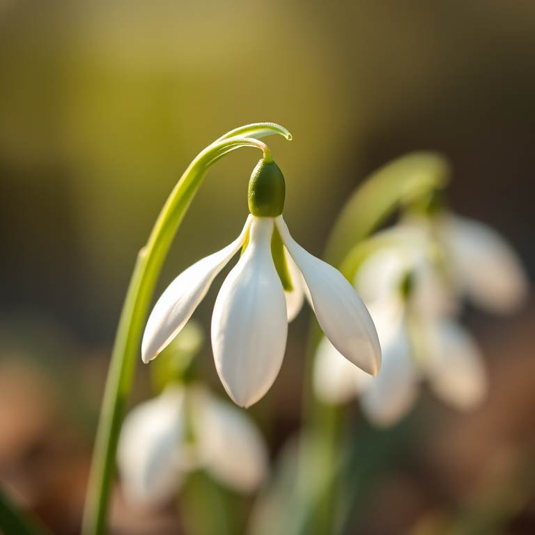 A close-up shot of a snowdrop flower on a blurred background, using a macro lens, aperture f/2.8, shutter speed 1/250s, ISO 200, natural lighting for enhanced softness and detail.