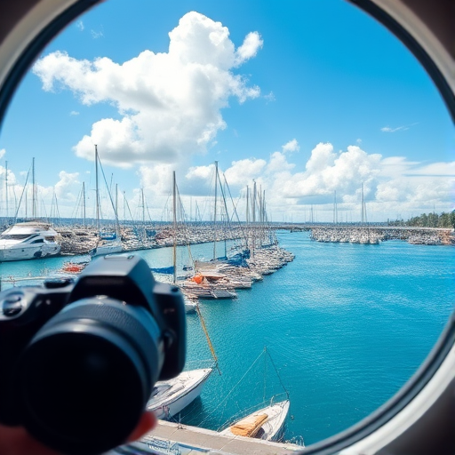 Capture a vibrant image of a marina with numerous sailboats docked, framed through a circular window, using a DSLR camera with a 24mm lens at f/8, ISO 200, and a shutter speed of 1/200s, focusing on the clear blue sky and fluffy white clouds reflecting off the water.