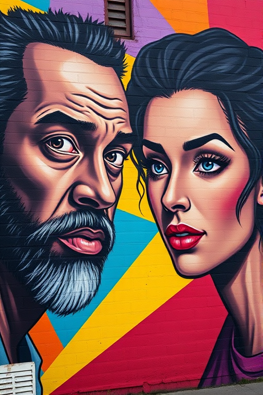 Create a vibrant street art mural featuring a man and a woman with expressive faces, set against a colorful geometric background, captured with a Canon EOS R5, 50mm lens, f/1.8 aperture, ISO 100, natural lighting, shallow depth of field.