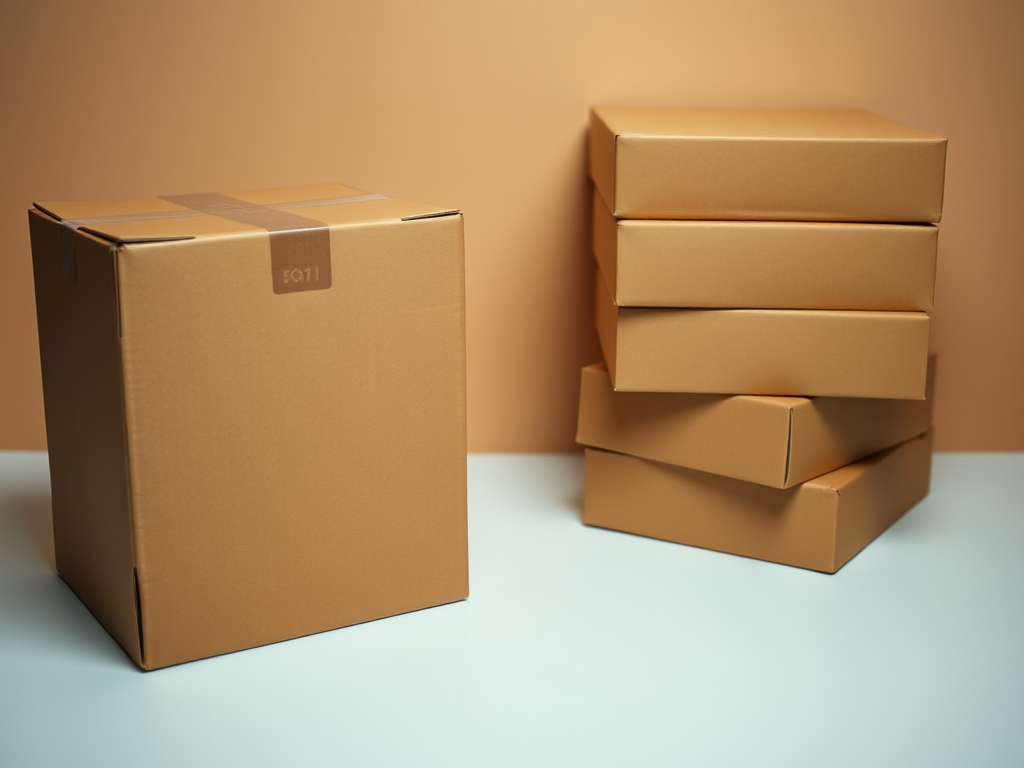 Create a high-resolution image of two cardboard boxes, one on the left and one on the right, with the first box slightly larger and worn, and the second box neatly stacked; use a DSLR camera with a 50mm lens at f/2.8 for a shallow depth of field, ISO 100, and a 1/60 shutter speed, capturing the scene from a slightly elevated angle to show details and textures clearly.