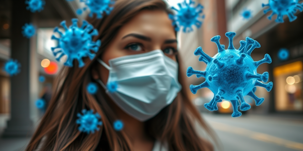 Close-up of a woman wearing a mask in an urban setting with a focus on stylized blue virus particles overlaying the scene, 85mm lens, f/1.8 aperture, ISO 200, 1/250 sec shutter speed, shot in macro photography style with a Canon DSLR.