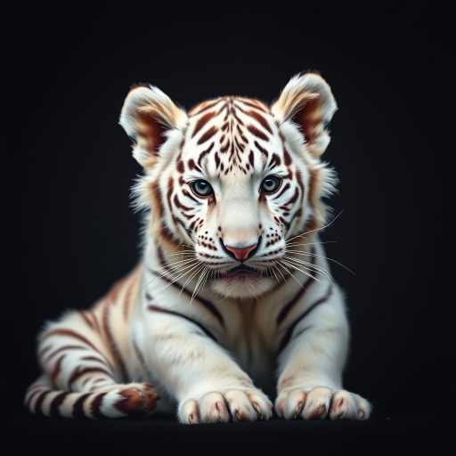 Regenerate a highly detailed image of a white tiger cub sitting in front of a dark background, shot with a Canon EOS 5D Mark IV, 50mm lens, aperture f/1.8, ISO 200, soft lighting, focusing on the tiger's facial features with sharp resolution.