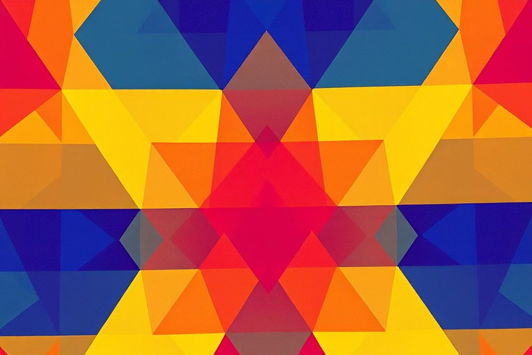 Create a high-resolution image of an abstract geometric pattern with vibrant colors using a DSLR camera, 50mm lens, f/1.8 aperture, ISO 100, and natural lighting.