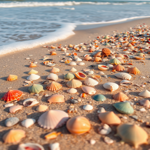 A vibrant beach scene featuring colorful seashells scattered on sandy shores with gentle waves lapping at the beach, shot with a DSLR camera at f/8 aperture, ISO 200, 1/250 shutter speed, using a wide-angle lens at 24mm and a polarizing filter for enhanced color and contrast.
