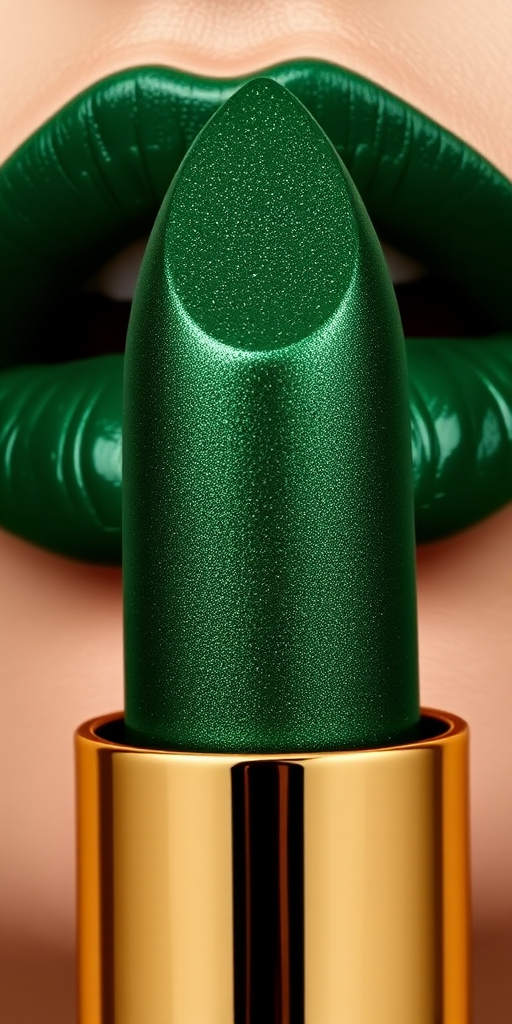 Opulent emerald green lipstick with a hint of gold shimmer, named "Malachite Majesty," featuring a creamy texture and intense pigmentation, suited for bold and daring makeup looks