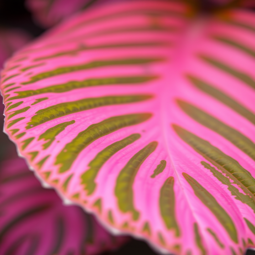 Capture a close-up of a vibrant variegated leaf with pink and green stripes, using a DSLR camera, 50mm lens, aperture f/2.8, ISO 100, with a shallow depth of field and soft bokeh background.