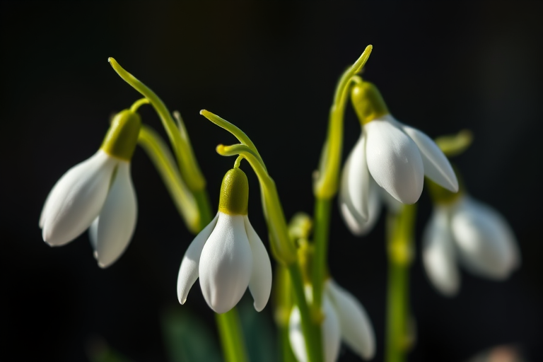 Capture a close-up shot of delicate white snowdrop flowers with green tips against a softly blurred dark background, using a Canon EOS 5D Mark IV, f/2.8 aperture, 100mm macro lens, ISO 100, natural light, emphasizing the translucent petals and fine details.