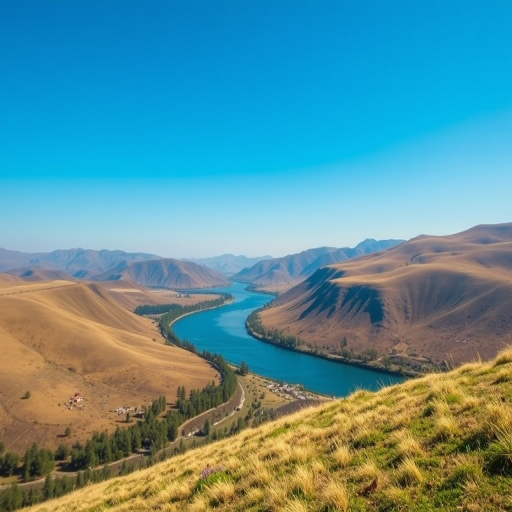 create a detailed and vibrant image of a picturesque landscape featuring rolling hills, a clear blue sky, and a serene river flowing through the scene, shot with a Canon EOS 5D Mark IV camera, using a 24-70mm f/2.8 lens, at ISO 100, aperture f/8, shutter speed 1/250s, in natural lighting for enhanced clarity and depth.