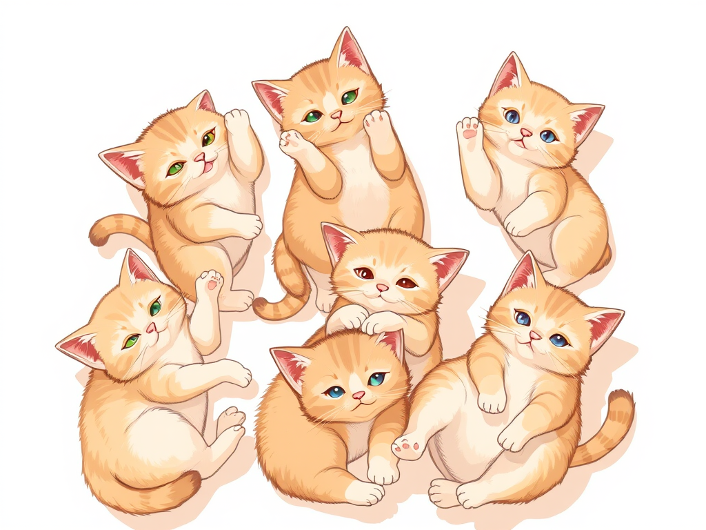 Create a high-resolution illustration of playful cats in various poses with light brown and cream colors, using a digital drawing style, 300 DPI, top-down view, soft lighting, and a graphic tablet for detailed line work.