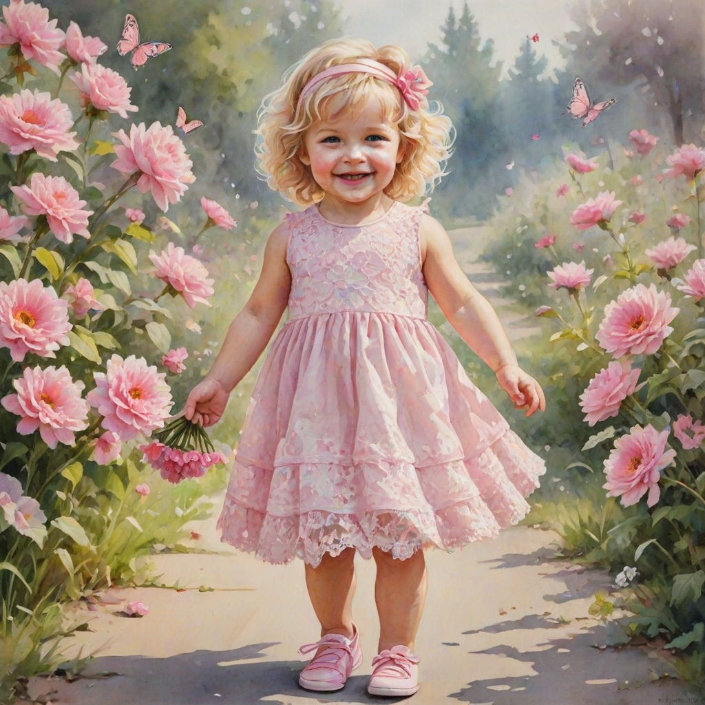 hyperrealism happy smiling toddler girl with messy wavy blonde hair with a headband, she is wearing a pink and white lace dress with pink and white shoes, she is holding a pink bouquet of flowers. Pink flowers and butterflies. summer background. Watercolor Highly detailed