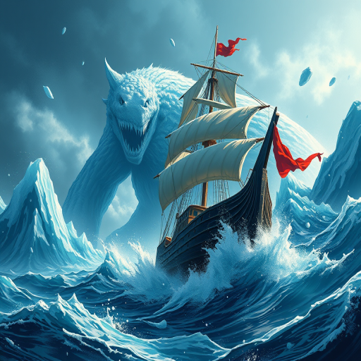 Create a dramatic illustration of a ship battling a massive ice monster in a stormy sea, capturing the intensity of the waves and the details of the ship with dynamic lighting, using a digital painting style, shot from a low angle perspective, with a high resolution setting of 300 DPI, and vivid color contrast to emphasize the scene.