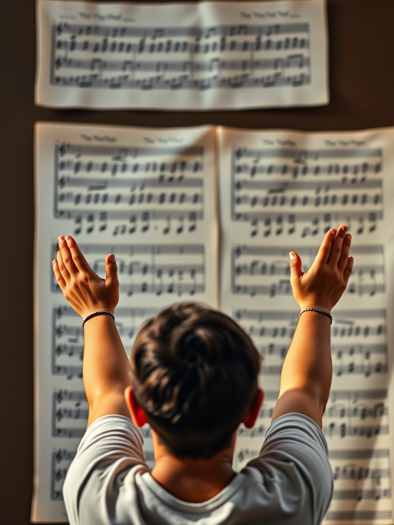 generate a high-resolution image of a person with hands raised in worship in front of faded sheet music and lyrics in the background using a Canon EOS 5D Mark IV with a 50mm lens at f/1.8, ISO 100, shutter speed 1/200s, soft focus effect, natural light for a serene atmosphere
