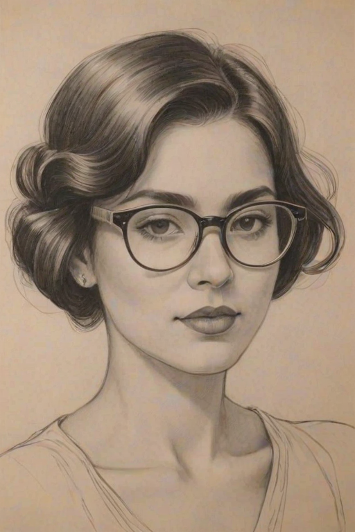Beauteous Isabela Merced, pencil sketch, portrait of Alluring woman 1925s in glasses, hair style beatnik, outline, clear lines, fine lines, 8k