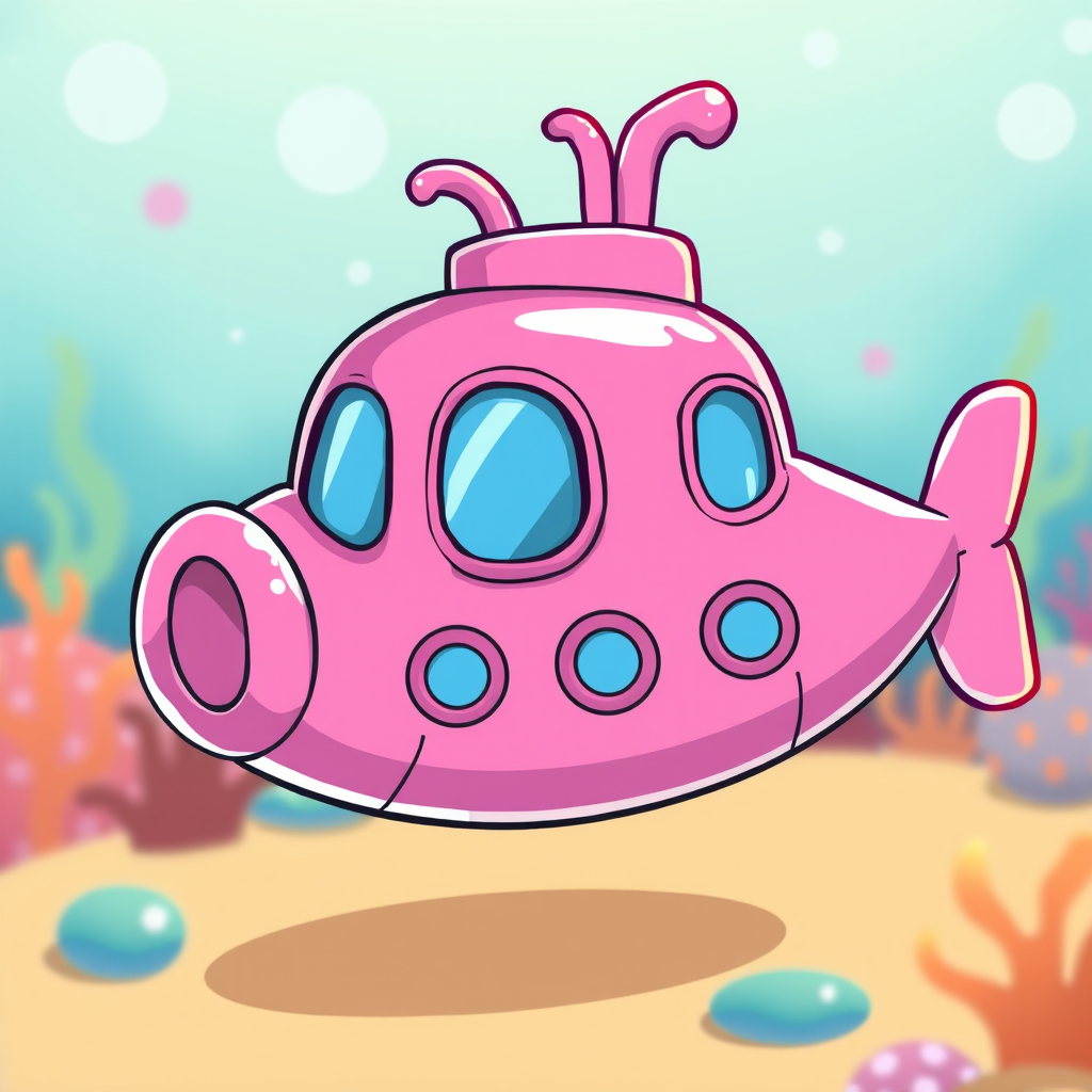 Create a high-resolution illustration of a pink cartoon-style submarine with bold outlines, using a digital art style and vibrant colors, with a soft focus background and a standard DSLR camera perspective set to f/8 aperture, 50mm lens, and ISO 100 for enhanced clarity and detail.