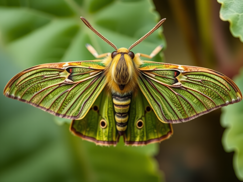 Create a detailed illustration of a green striped moth, viewed from above, using a DSLR camera with a 50mm lens, aperture f/8, ISO 100, and natural lighting to enhance colors and textures.