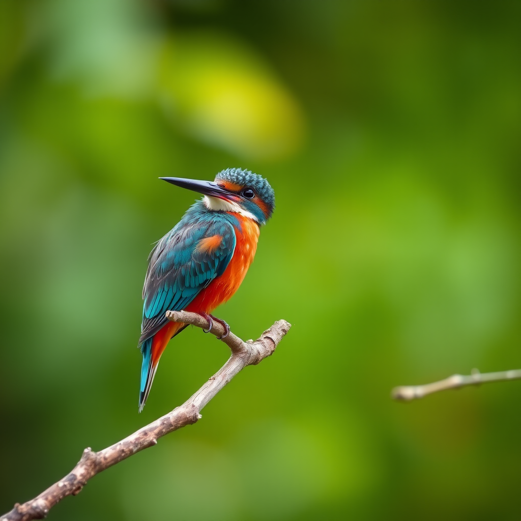 A vibrant kingfisher perched on a branch with a blurred green background, captured with a Canon EOS R5, 85mm lens, aperture f/2.8, ISO 200, shutter speed 1/250s, in soft focus style for enhanced detail and clarity.