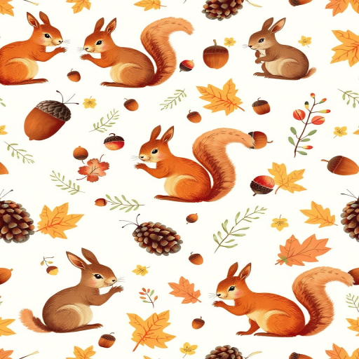 Regenerate an illustrated pattern featuring squirrels, rabbits, acorns, pine cones, and various autumn leaves on a light background.