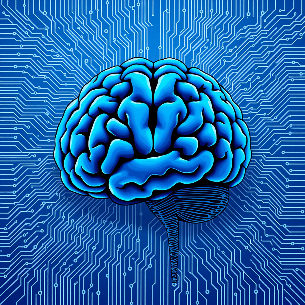 Create an illustration of a blue brain with intricate circuitry patterns in the background, using a 50mm lens, f/1.8 aperture, ISO 100, in a flat lay style with high-resolution digital art.