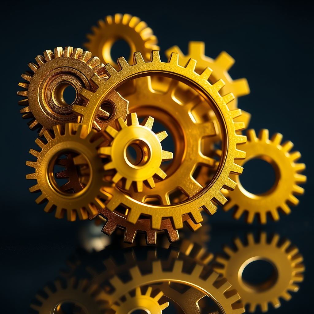 high-resolution image of shiny golden gears arranged in a dynamic composition with reflections, ISO 100, f/8, 1/125s, 50mm lens, macro photography, soft natural lighting, side angle view