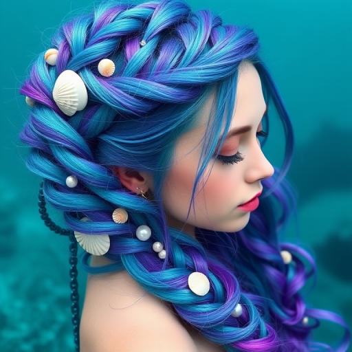 Mesmerizing teal to purple color melt styled in mermaid braids adorned with seashells and pearls, capturing underwater enchantment called Siren's Treasure