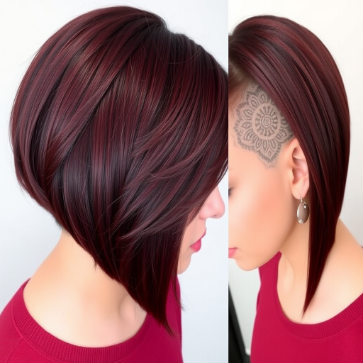 Deep burgundy locks styled in a sleek asymmetrical bob with one side shaved, featuring intricate mandala designs etched into the buzzed portion, blending edge with elegance.
