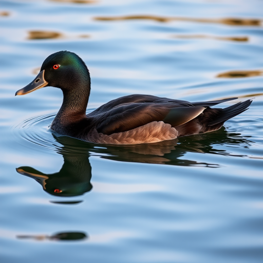 Capture a high-resolution image of a swimming black duck on water with reflections, using a Canon EOS 5D Mark IV, 100mm lens, f/5.6 aperture, 1/200 sec shutter speed, ISO 400, taken from a low angle to enhance detail and clarity.